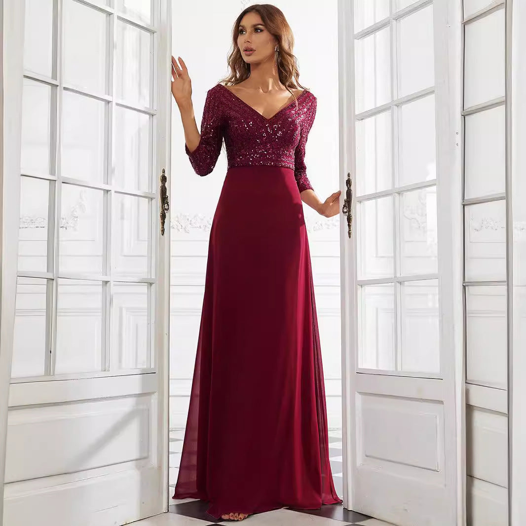 Sequin Bodice Chiffon Skirt Three Quarter Sleeve V-Neck Maxi Gown