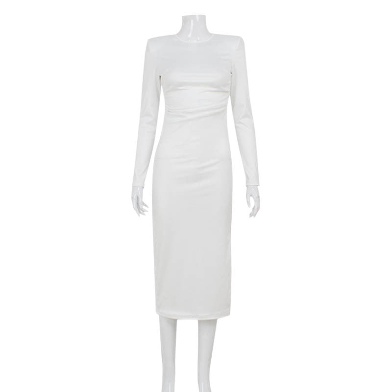 Crewneck Long Sleeve Ruched Side Zip Thigh Slit Midi Dress 2