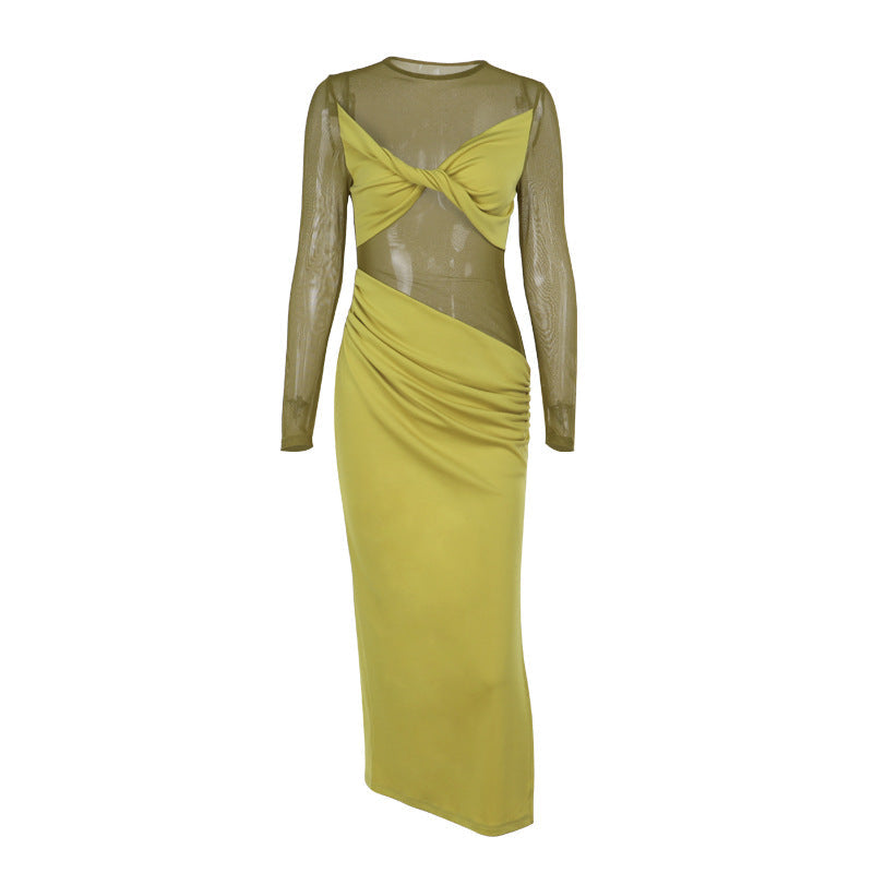 Sheer Mesh Twist Knot Bodice Ruched Waist Long Sleeve Maxi Dress 5