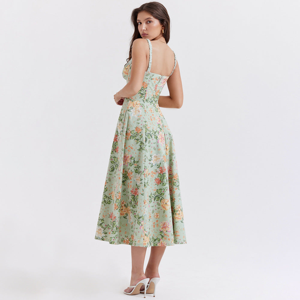 Floral Print Sweetheart Ruffle Neck Tie Front Corset Bodice A-Line Midi Dress 3