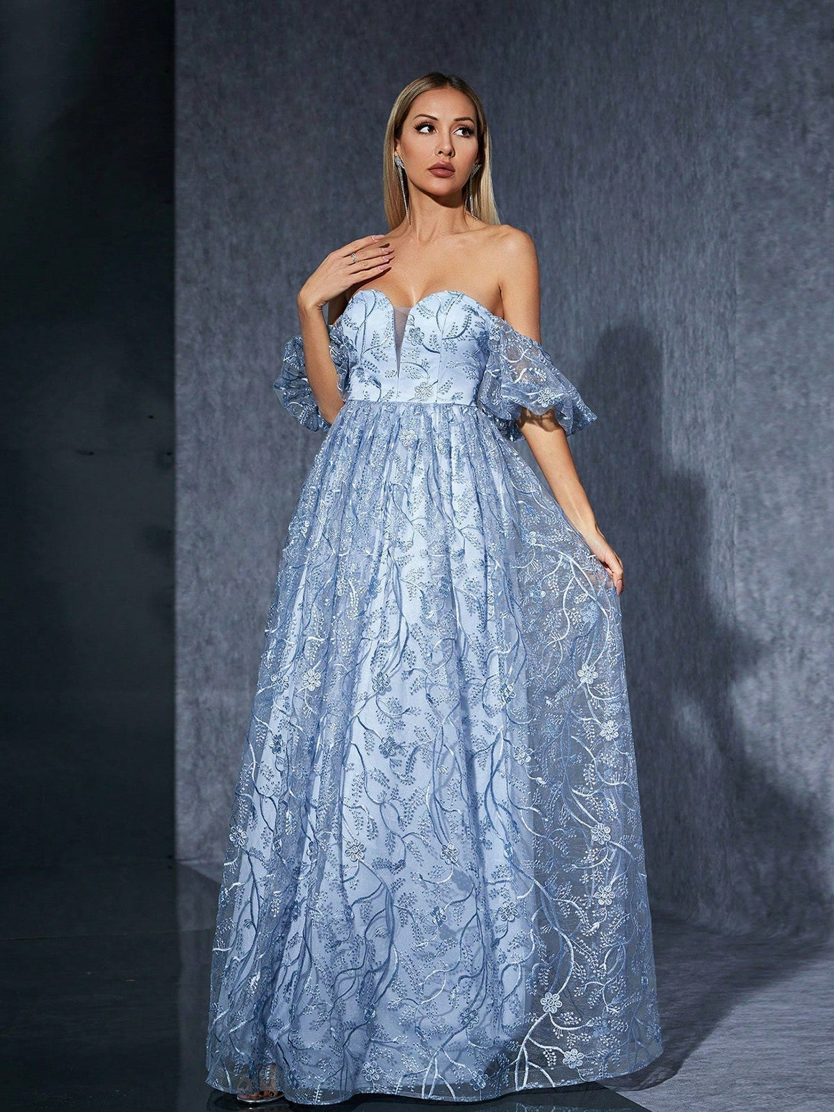 Off-Shoulder Puff Sleeve Floral Embroidered Mesh Ball Gown Maxi Dress 2
