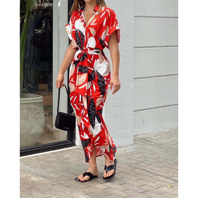 Tropical Leaf Print Button-Down Short Sleeve Tie-Waist Shirtdress Maxi Dress 4