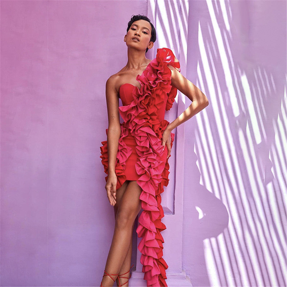 Strapless Sweetheart Cascading Ruffle One-Shoulder Mini Dress