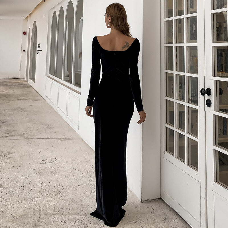 Sweetheart Neck Velvet Long Sleeve Ruched High Slit Maxi Gown 4