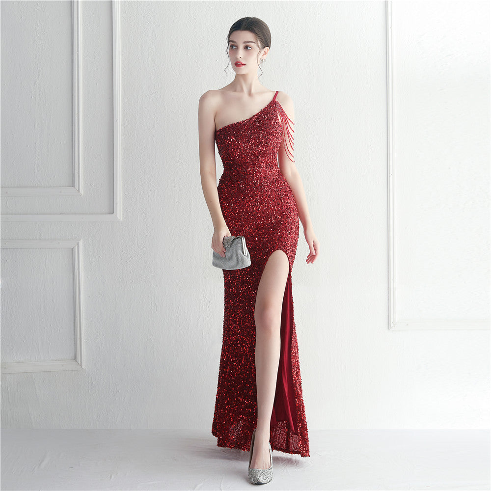 One-Shoulder Chain Tassel Sequin Embellished High Slit Column Maxi Gown 4