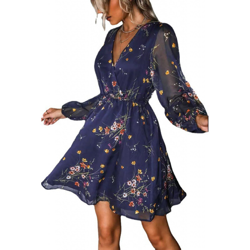 Ditsy Floral Print Surplice V-Neck Balloon Sleeve Elastic Waist Mini Dress 4