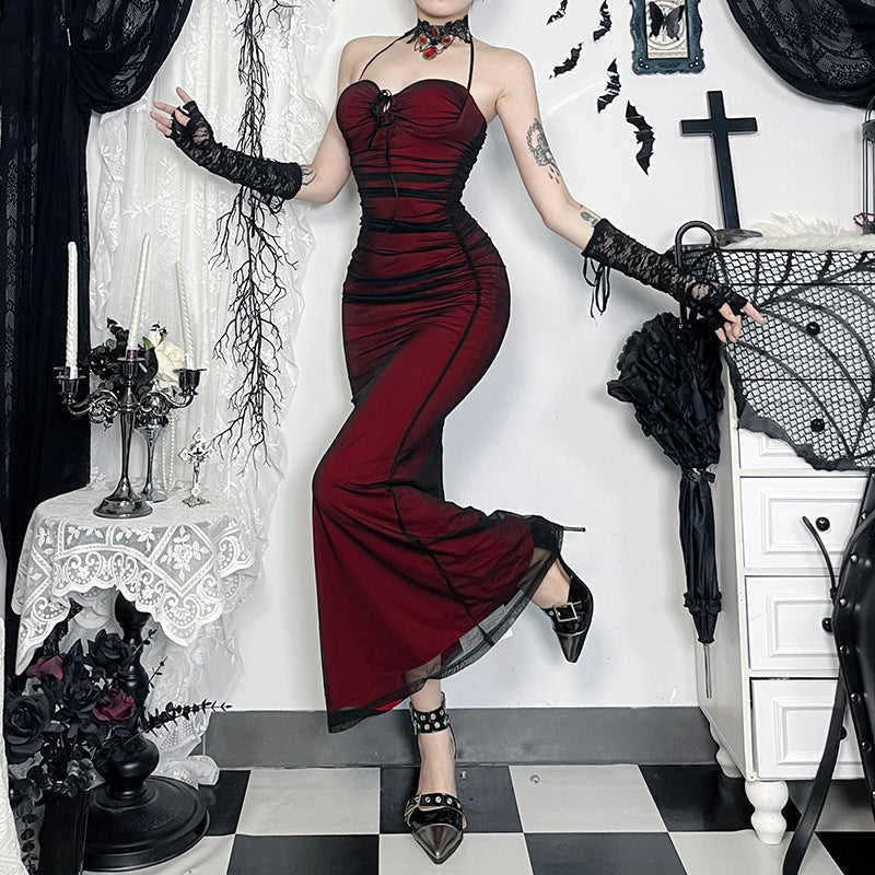 Contrast Mesh Sweetheart Lace Up Halter Ruched Bodycon Maxi Dress 4