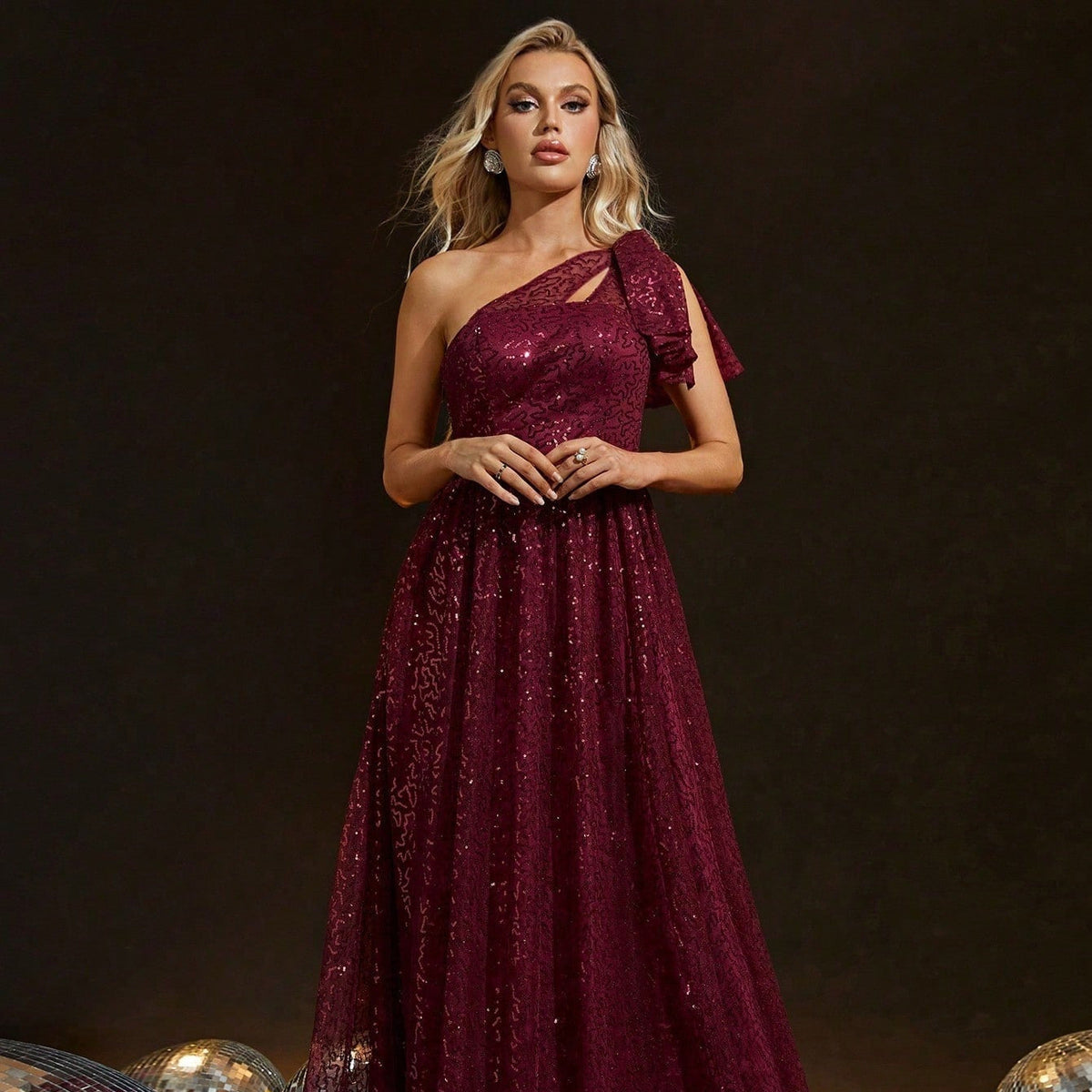 One-Shoulder Ruffle Bow Sequin Lace Maxi Gown