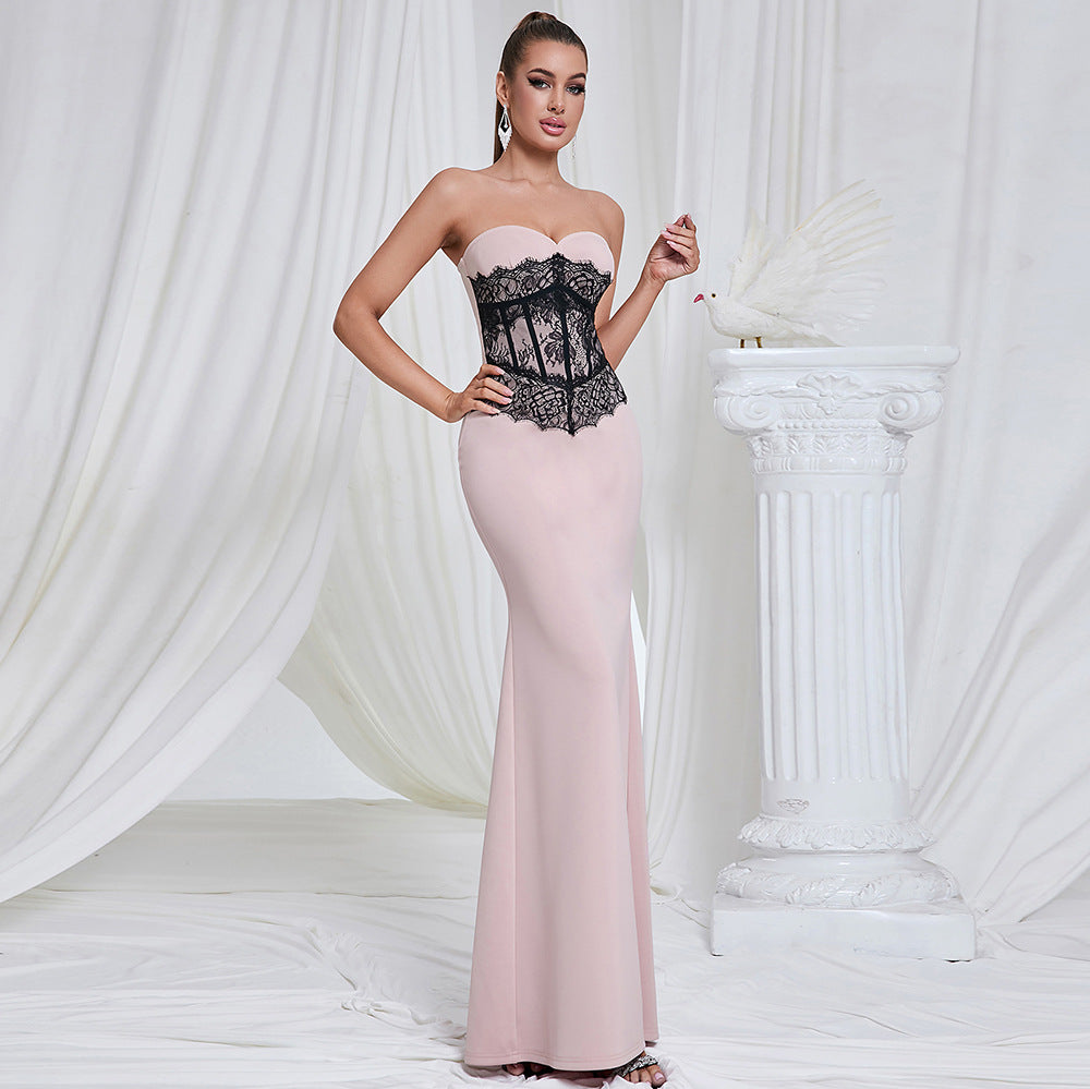 Strapless Sweetheart Lace Corset Overlay Mermaid Floor-Length Gown