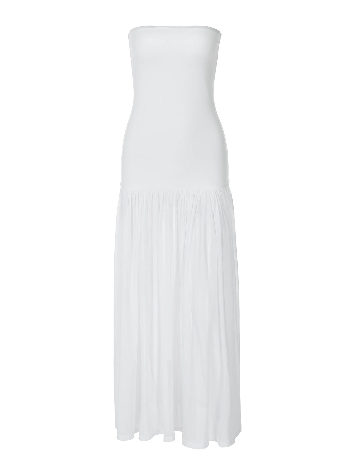 Strapless Ruched Bodice Sheer Pleated High Slit Maxi Gown 3
