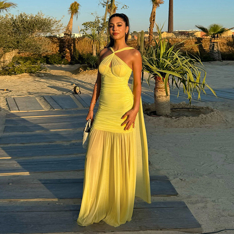 Halter Keyhole Ruched Bustier Mesh Skirt Column Maxi Gown 2