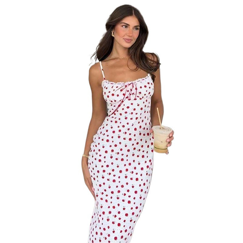Ditsy Floral Print Spaghetti Strap Sweetheart Ruffle Trim Slip Maxi Dress 5