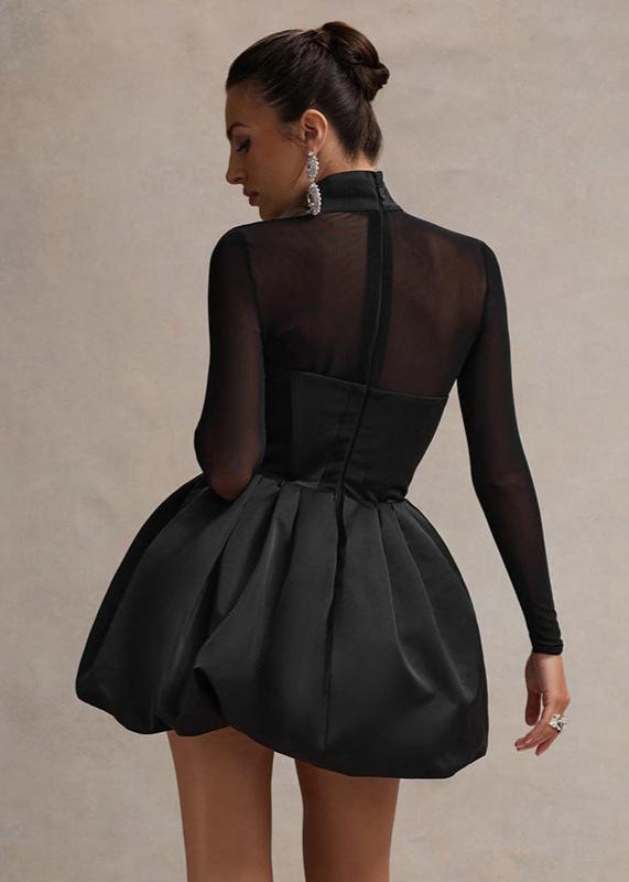 Mock Neck Sheer Sleeve Sweetheart Bubble Hem Mini Dress 6