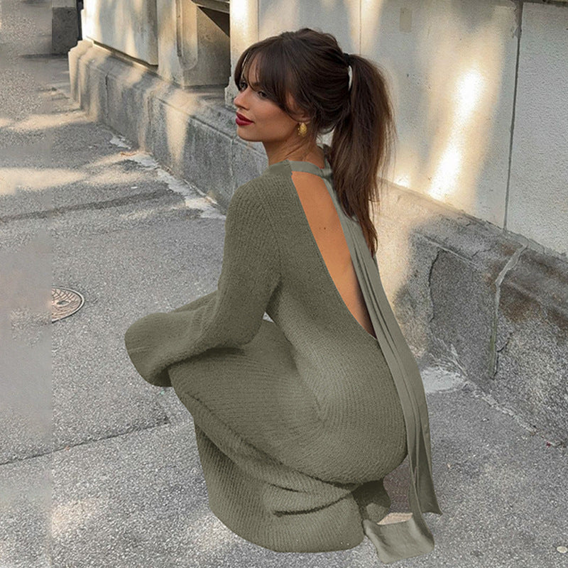 Rib Knit Long Sleeve Tie Back Open Back Bodycon Mini Dress 8
