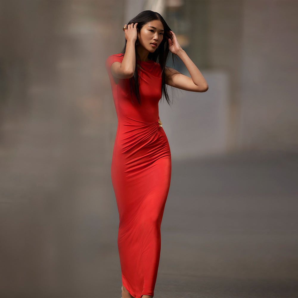 One Shoulder Cap Sleeve Cutout Ruched Maxi Dress with Buckle 4