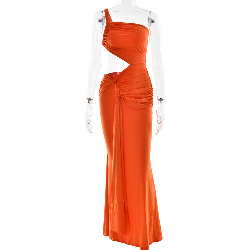 One Shoulder Ruched Side Cutout Pooling Sash Column Maxi Dress 4