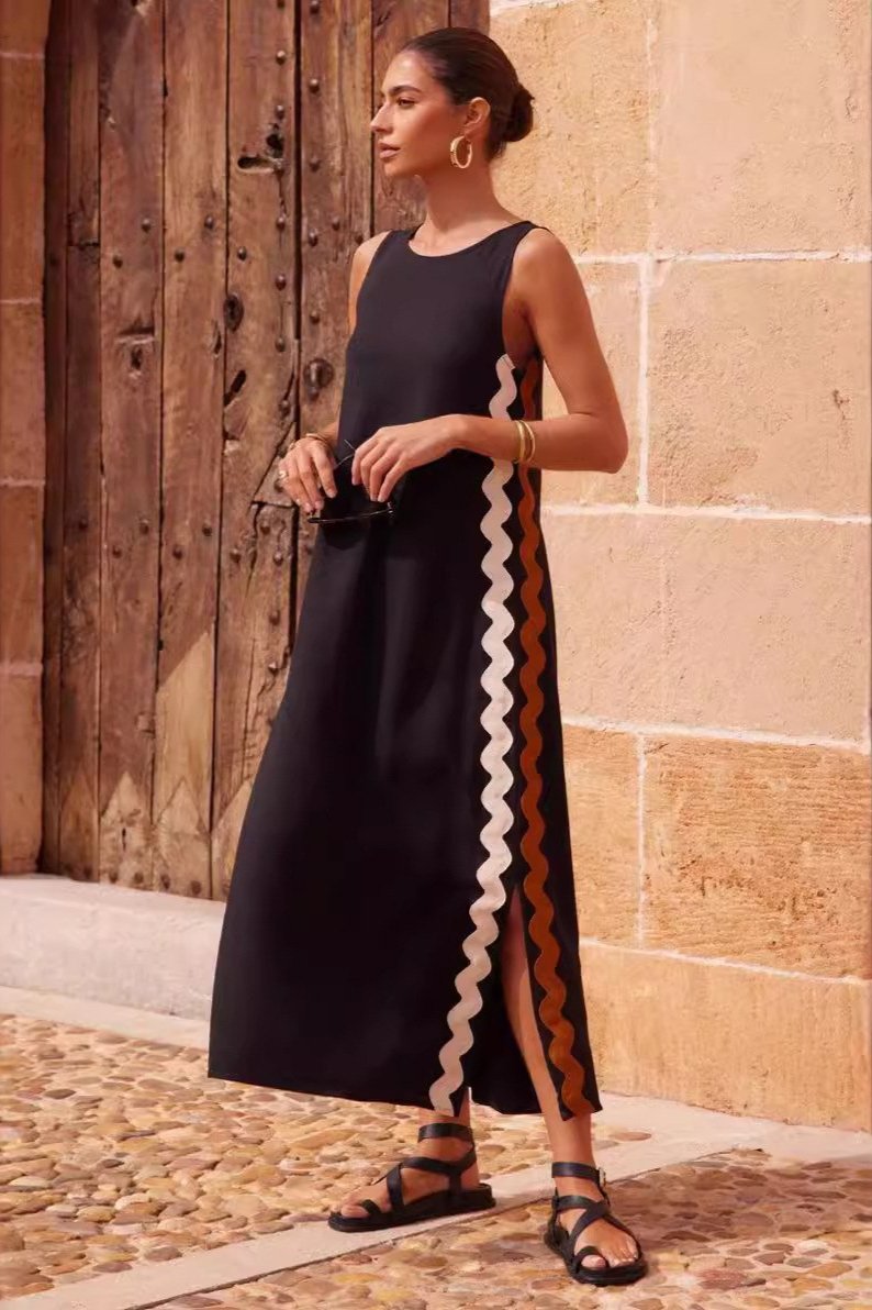 Round Neck Sleeveless Scalloped Side Panel A-Line Midi Dress 8