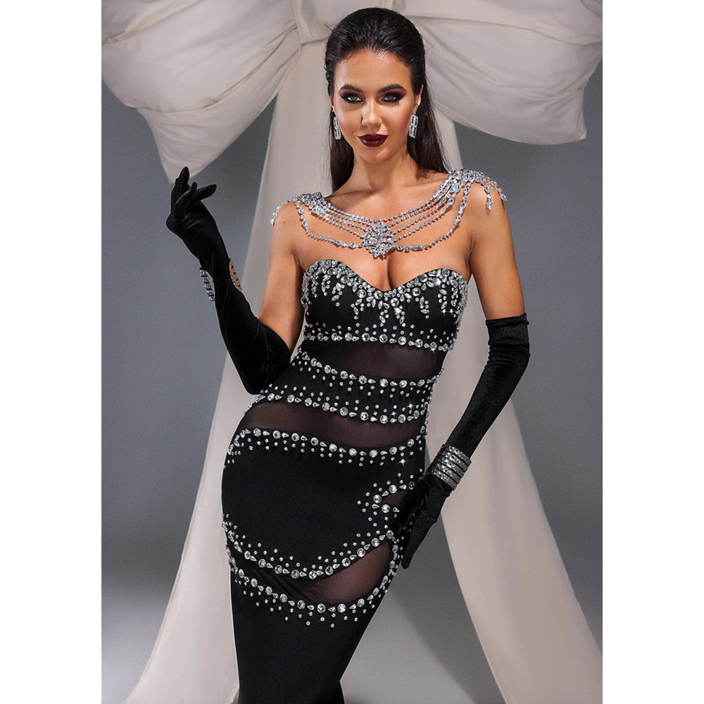 Black V-Neck Sleeveless Smocked Tassel Trim Midi Dress
