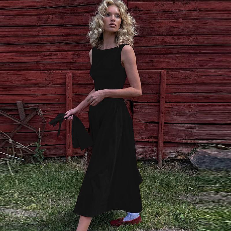 Boat Neck Sleeveless Fitted Waist Flared Gathered Midi Dress 7