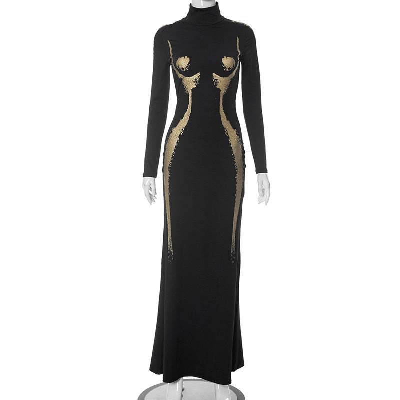 Mock Neck Long Sleeve Sequin Body Contour Illusion Bodycon Maxi Dress 2