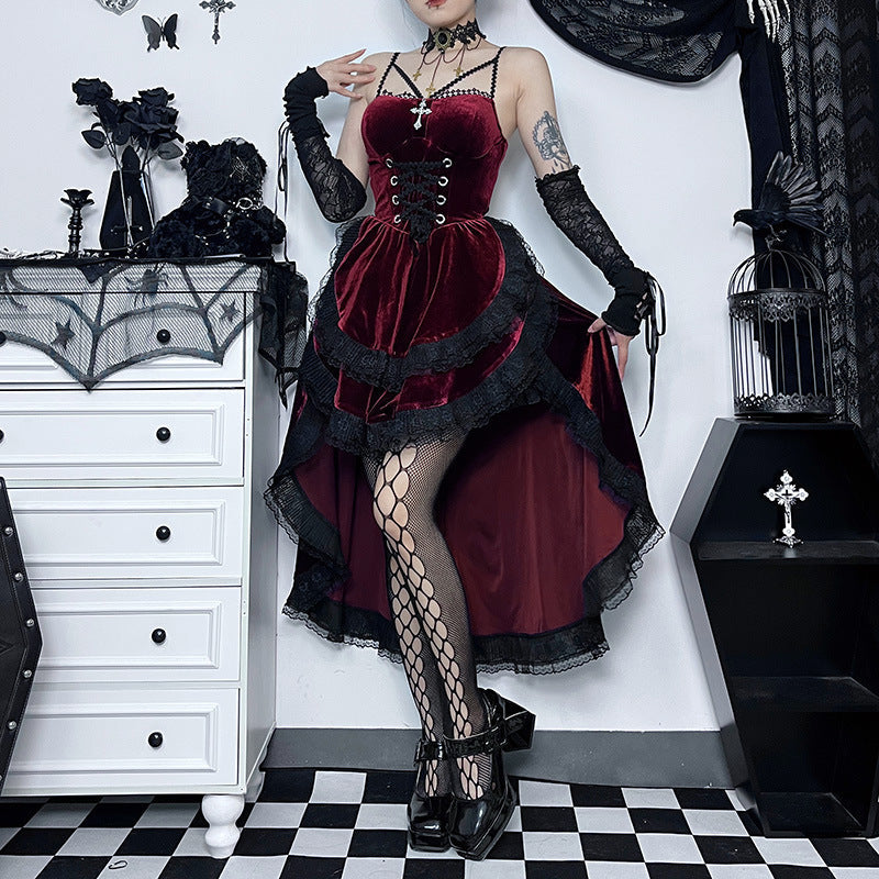 Lace Up Corset Cross Strap Velvet Lace Trim Hi-Lo Ruffle Dress 3