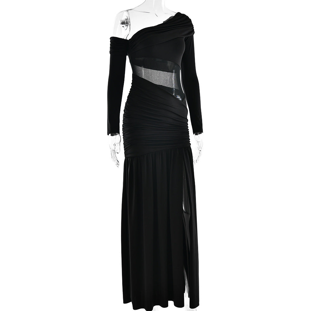 One Shoulder Asymmetric Ruching Mesh Midriff High Slit Maxi Gown 7