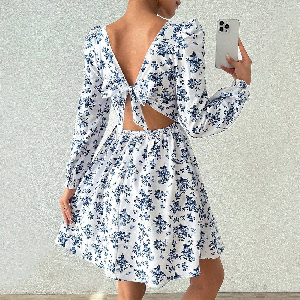 Square Neck Puff Sleeve Ruffle Cuff Floral Print Fit Flare Mini Dress 2