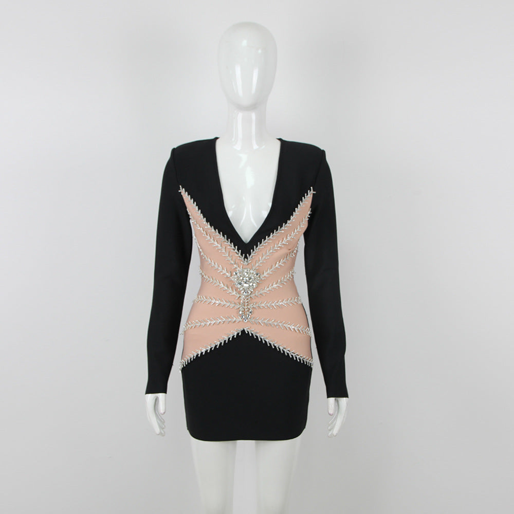 Deep V-Neck Padded Shoulder Rhinestone Mesh Panel Bodycon Mini Dress 4