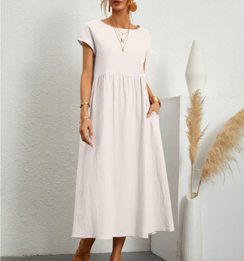 Round Neck Cap Sleeve Empire Waist Pocket Babydoll Maxi Dress 2