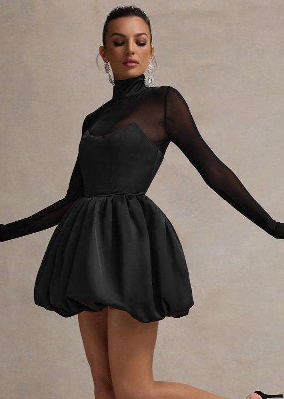 Mock Neck Sheer Sleeve Sweetheart Bubble Hem Mini Dress 5