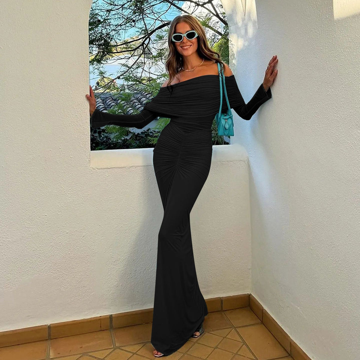 Off Shoulder Mesh Pleated Ruched Bodycon Maxi Dress 4