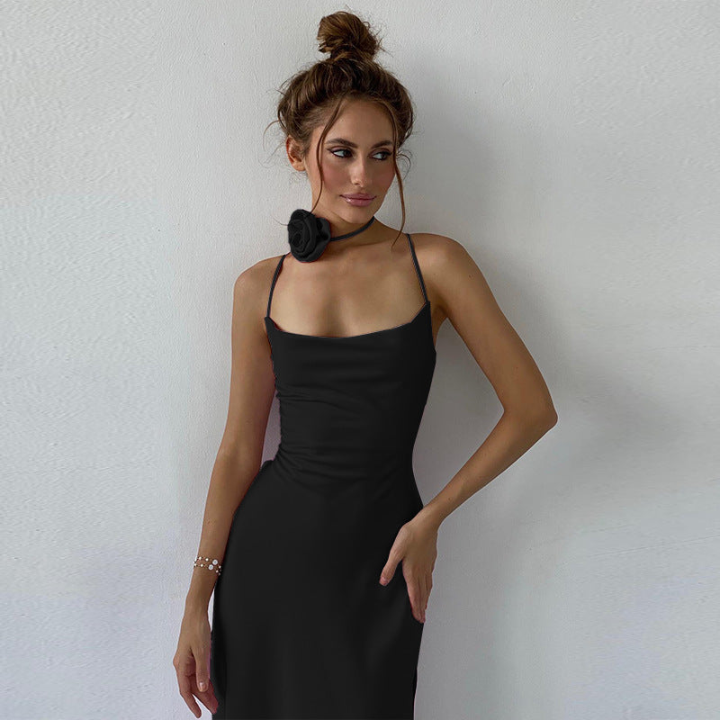 Floral Print Halter Collar Backless Lace-Up High Slit Maxi Dress 3
