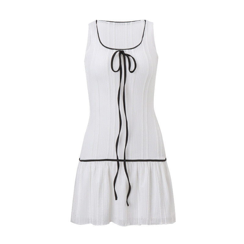 Scoop Neck Ribbon Bow Dropped Waist Pleated Rib Knit Mini Dress 6