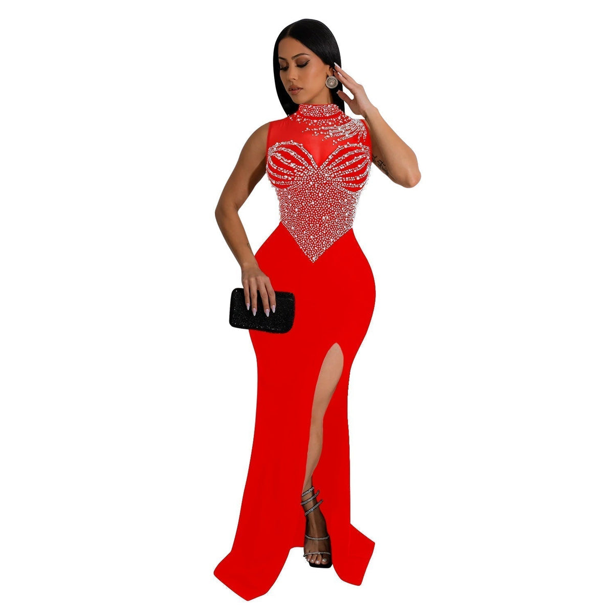 Mock Neck Rhinestone Mesh Bodice Thigh Slit Bodycon Maxi Dress 2