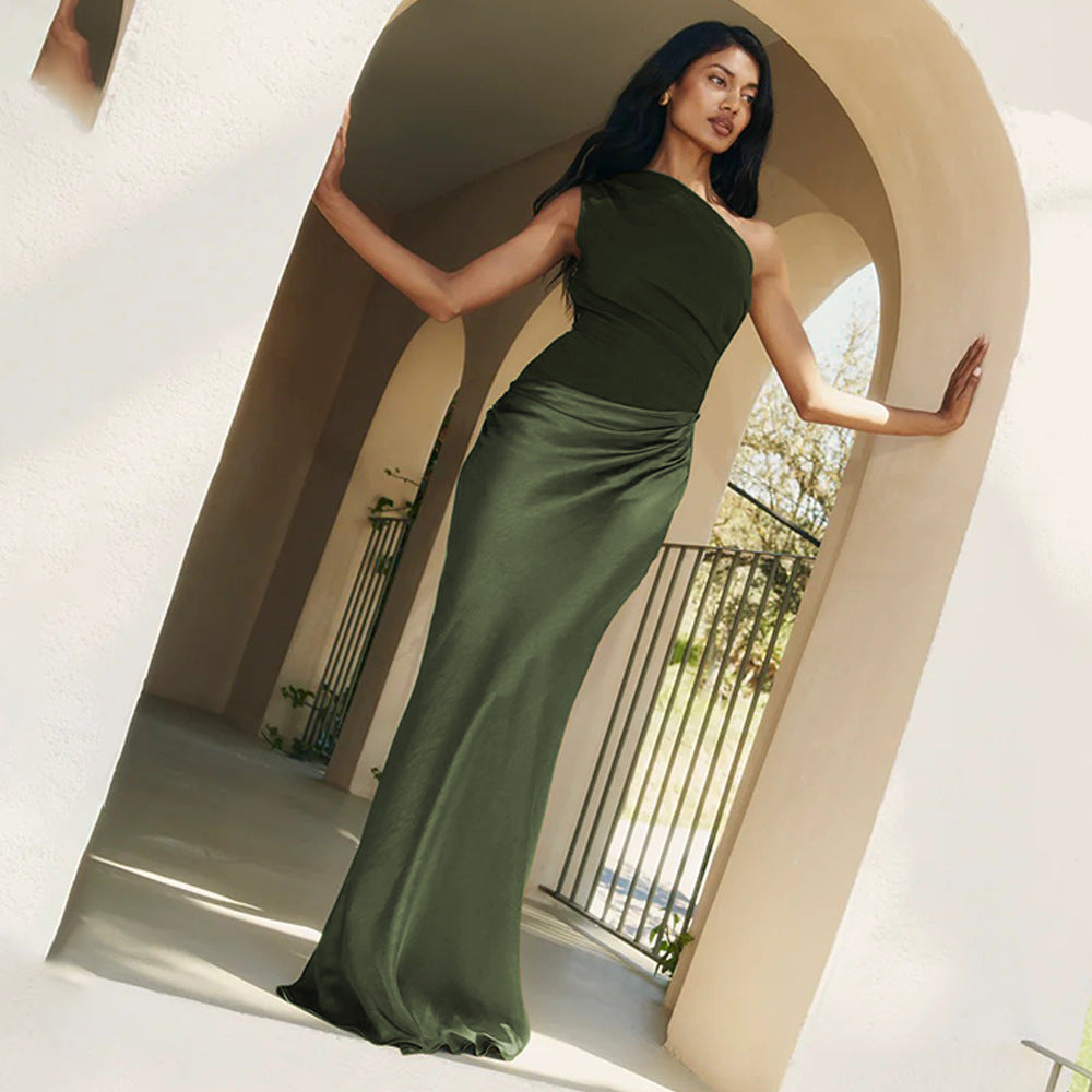 One Shoulder Ruched Matte Bodice Satin Draped Maxi Dress 3
