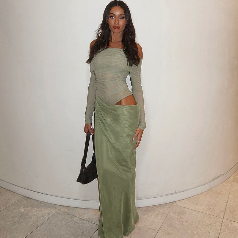 Off Shoulder Mesh Long Sleeve Ruched Waist Asymmetric Drape Maxi Dress 3