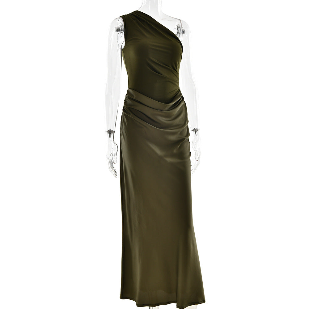 One Shoulder Ruched Matte Bodice Satin Draped Maxi Dress 6