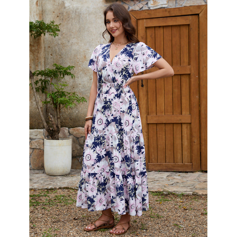Sunflower Floral Print V-Neck Smocked Waist Flutter Sleeve Tiered Maxi Dress 3