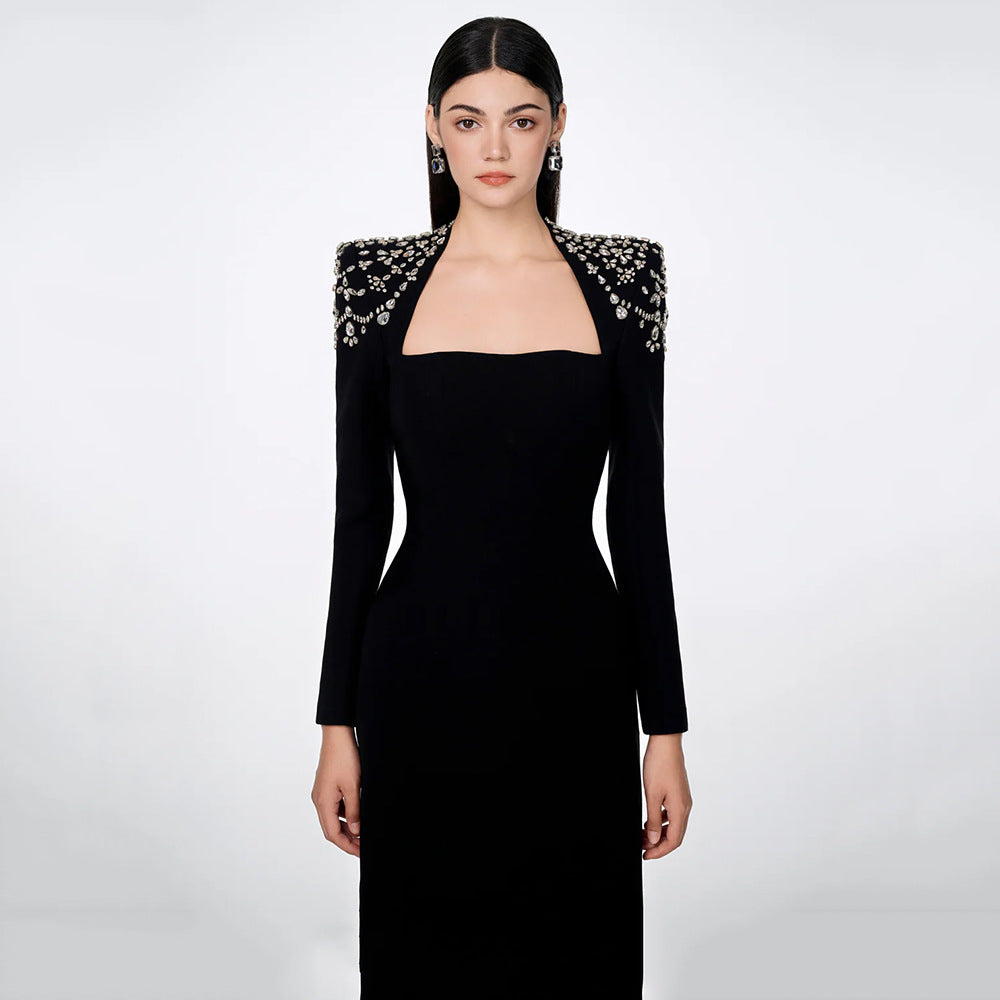 Square Neck Rhinestone Shoulder Long Sleeve Bandage Midi Dress