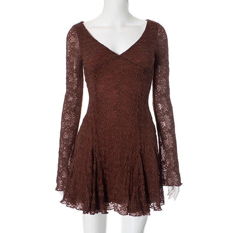 Floral Lace Plunging V-Neck Long Sleeve Fit and Flare Mini Dress 2