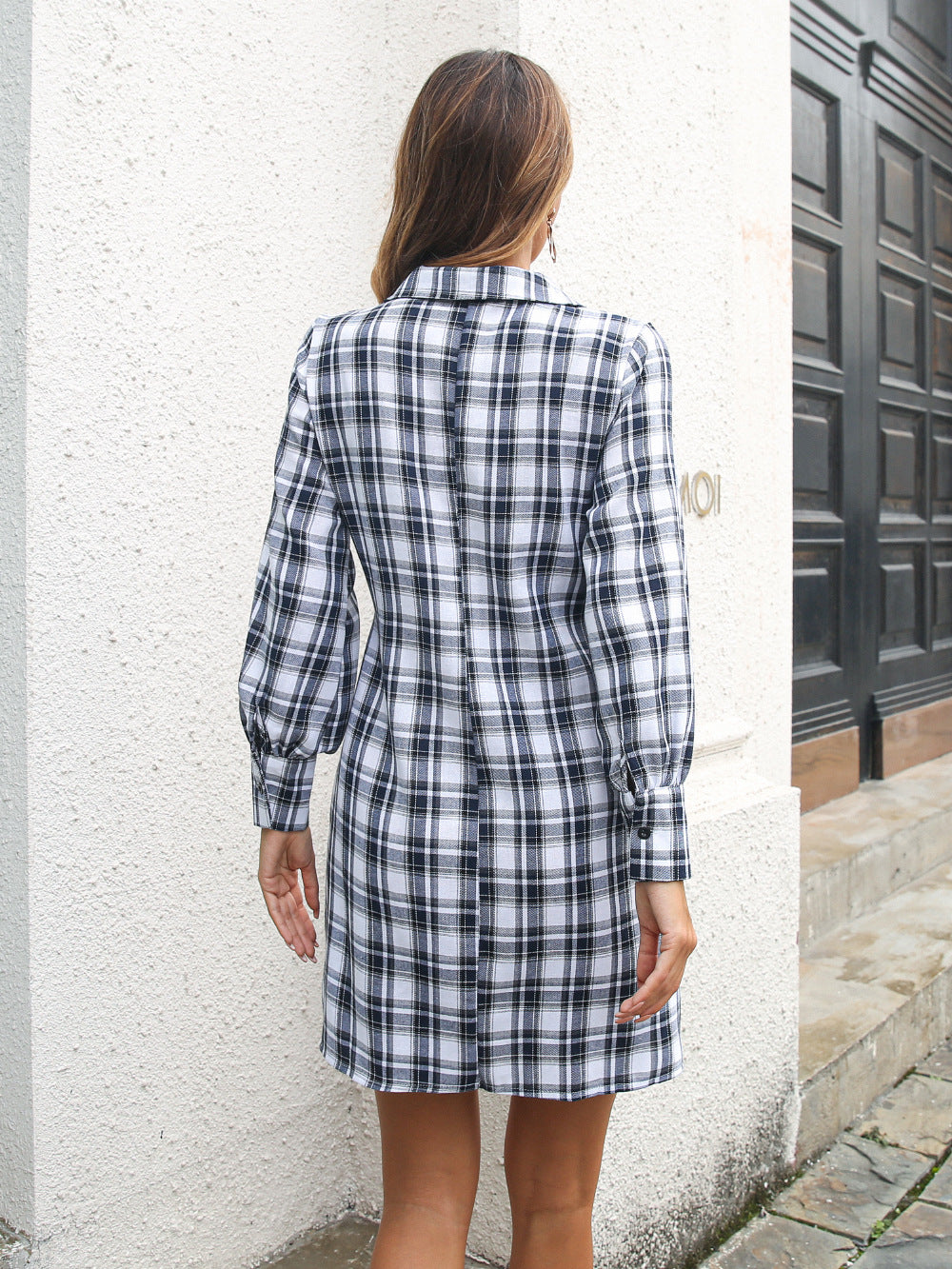 Collared Long Sleeve Tie Front Plaid Mini Shirt Dress 3