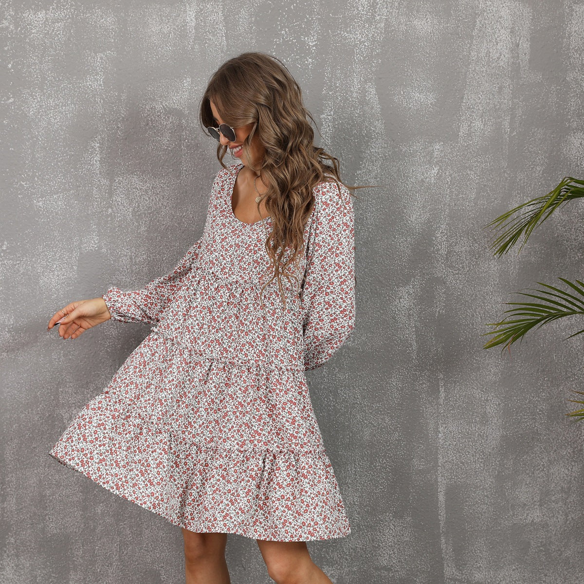 Round Neck Long Sleeve Ditsy Floral Tiered Babydoll Mini Dress 6