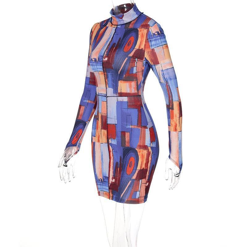 High Neck Thumbhole Sleeve Geometric Print Bodycon Mini Dress 5