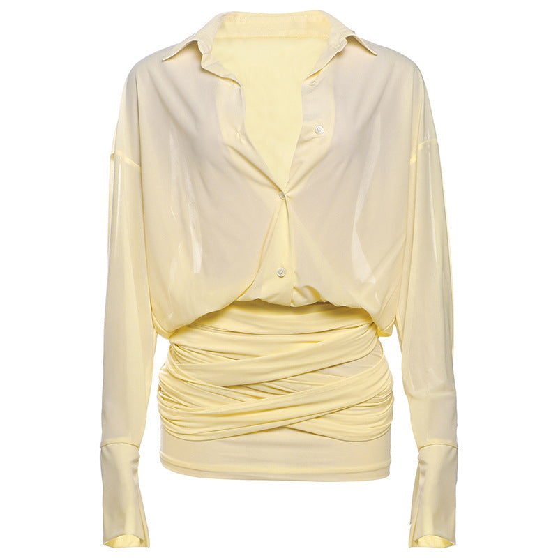 Sheer Oversized Button-Down Shirt and Ruched Draped Mini Skirt Set 2