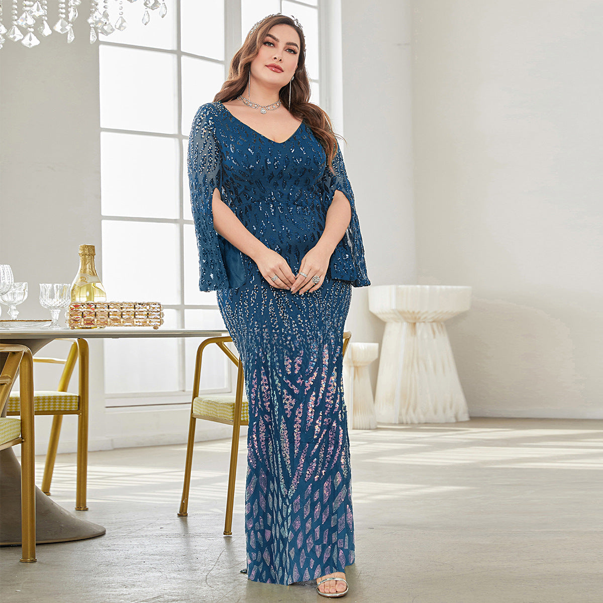 Sequin Split Sleeve V Neck Layered Peplum Bodycon Maxi Gown