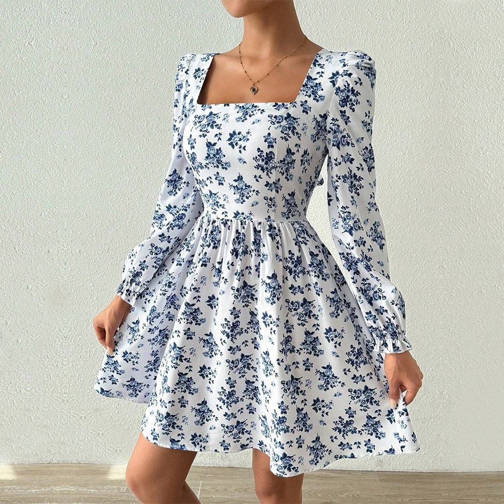 Square Neck Puff Sleeve Ruffle Cuff Floral Print Fit Flare Mini Dress 3