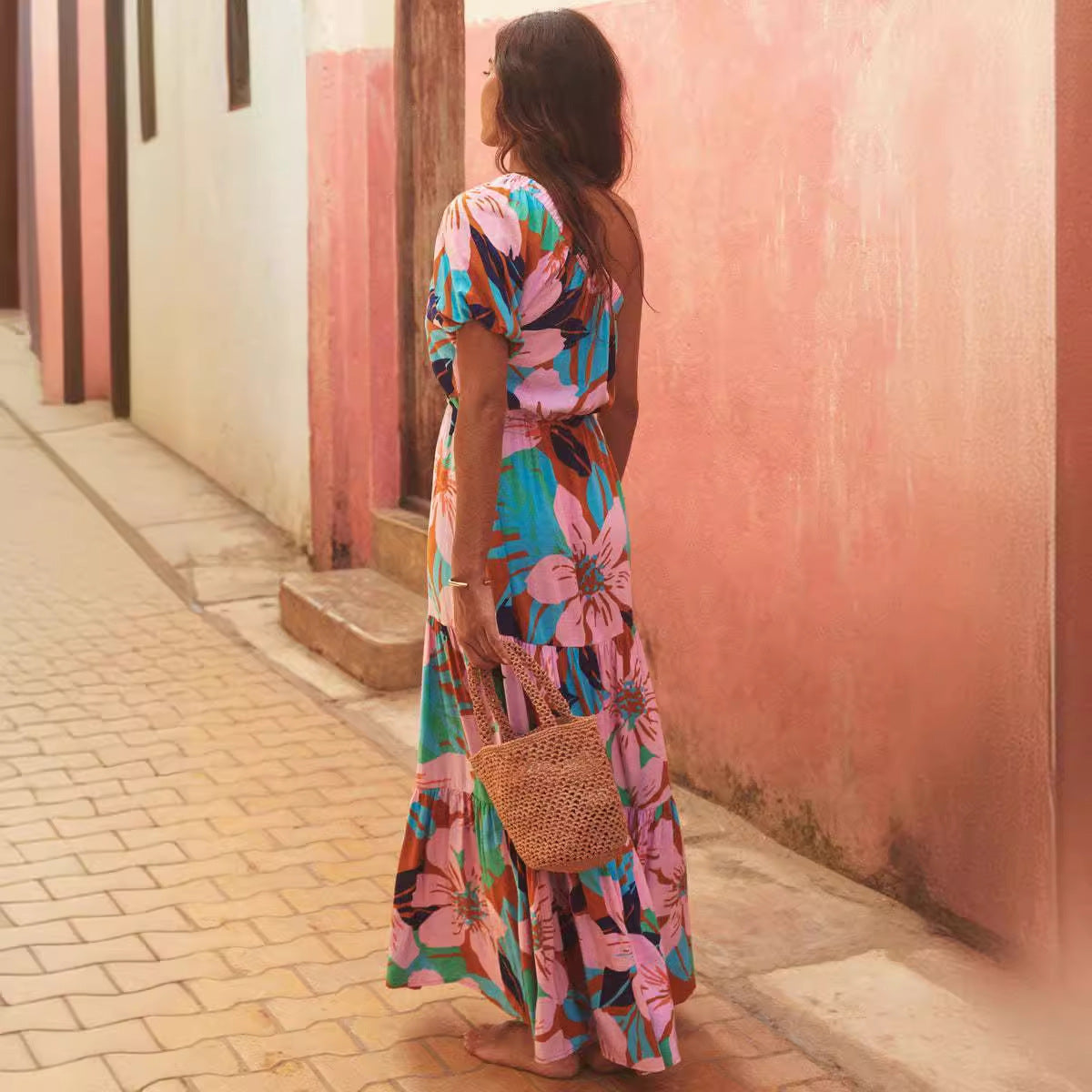 One Shoulder Tropical Print Ruffle Sleeve Tiered Maxi Dress 2