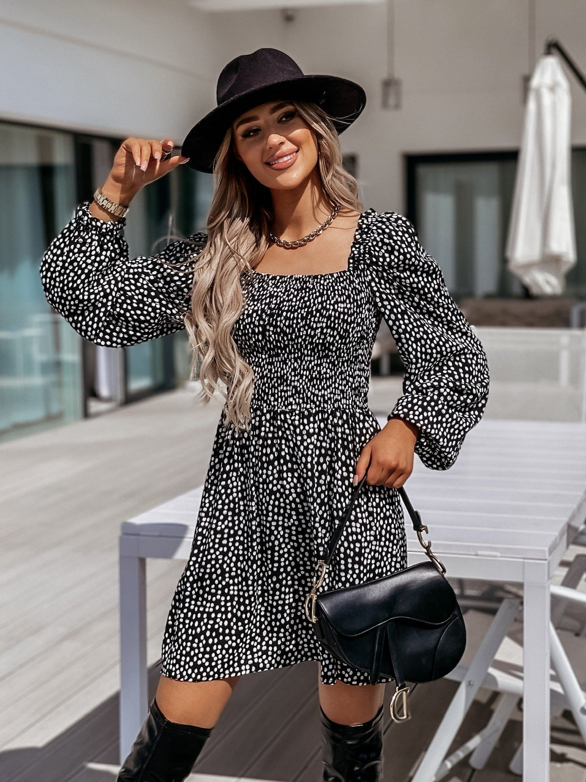 Square Neck Smocked Puff Sleeve Polka Dot Flared Mini Dress