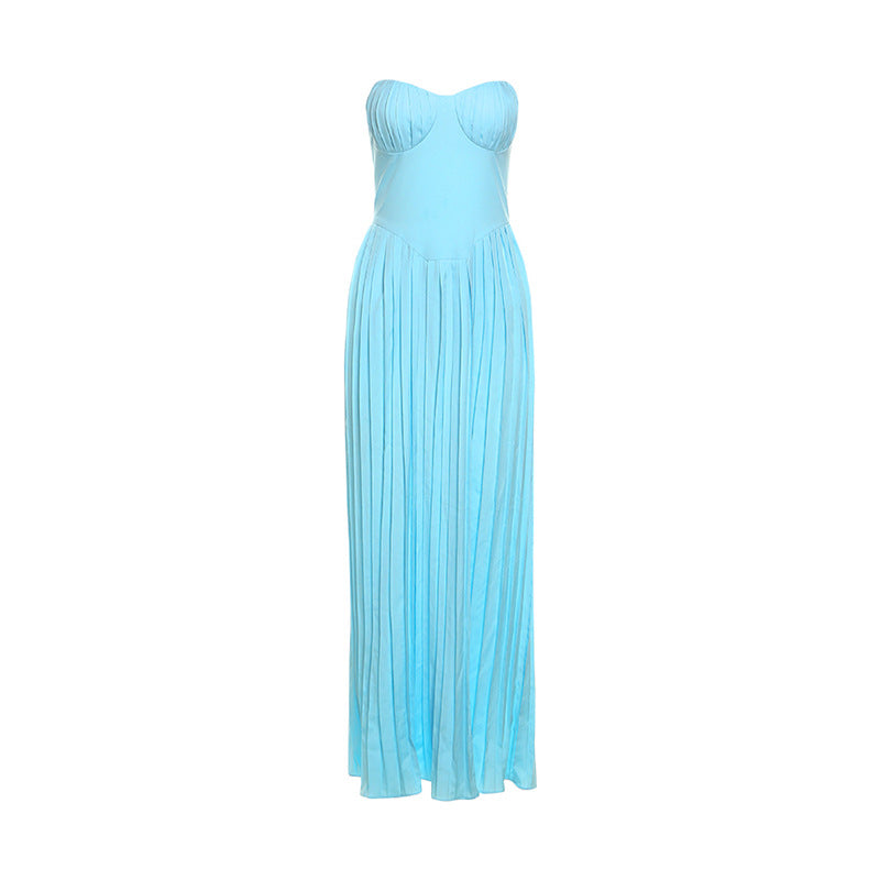 Strapless Corset Sweetheart Pleated A-Line Floor Length Maxi Dress 4