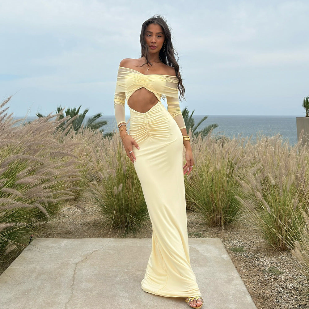 Off Shoulder Mesh Sleeve Diamond Cutout Ruched Column Maxi Gown 6